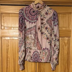 Guess Pink Paisley High-Neck Ruched Waist Blouse